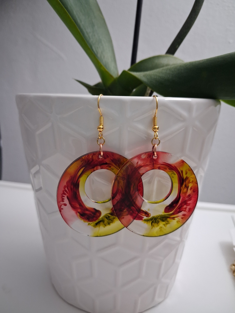 Gold Hook Red and Yellow Circular Resin Earrings